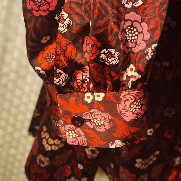 Floral Wrap Dress Red and Pink Silky Eco Friendly Recycled Fabric Fall Workwear - Picture 3 of 7